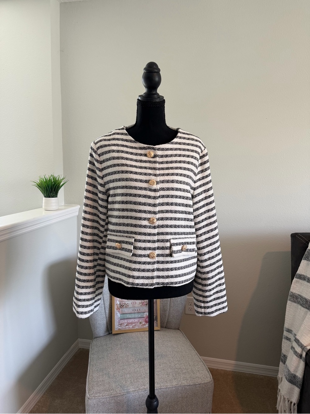 Striped Knit Crewneck Jacket in Black & White